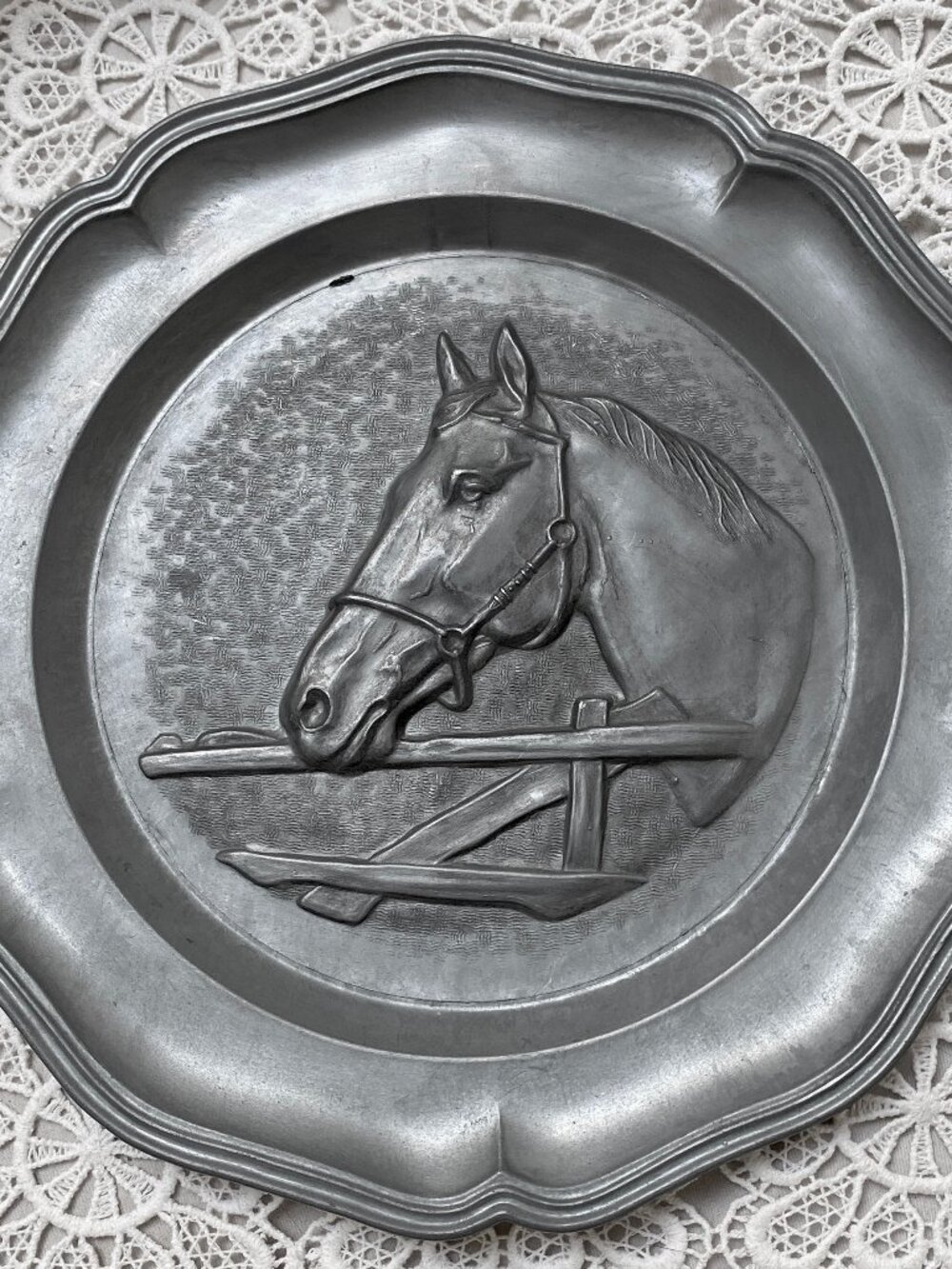 Vintage German Pewter Horse Plate, Raised Horse Relief, Angel Mark, 8.75”